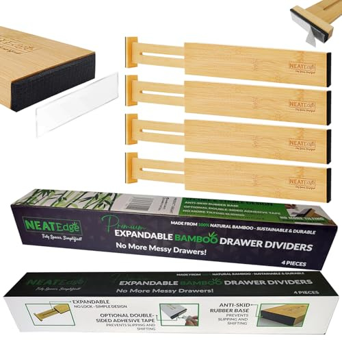 NeatEdge Premium Bamboo Drawer Dividers (4-Pack) – Includes an Optional Non-Slip Adhesive Tape to Prevent Tilting | 100% Natural Bamboo, Spring-Loaded Tension for Easy Fit | Kitchen, Dresser & Office