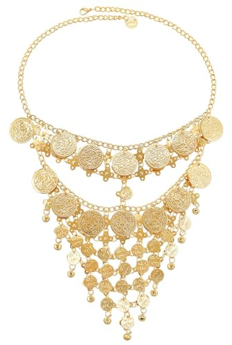JewelryWe Bauchtanz Gesichtsschleier für Frauen Boho Glitzernde Halbseitige Metallmaske mit Fransen und Glöckchen Ethnisches Stirnband mit Münzen Kette für Karneval Festival Cosplay Party