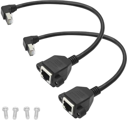 90° Cat6 RJ45 Male to Female Down Angle Ethernet Extension Cable 1FT,2-Pack | Fix the Shielded Cable with Screws，Suitable for Devices Such as PCs, Laptops, Routers, etc， Compatible with Cat5e/5 Standards