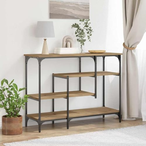 Yisssmeng Konsolentisch Artisan-Eiche 100x35x75 cm schmal mit Regal Stahlgestell Modernes Design Robuste Metall-Holz-Kombination Platzsparender Sideboard für Flur Wohnzimmer Schlafzimmer