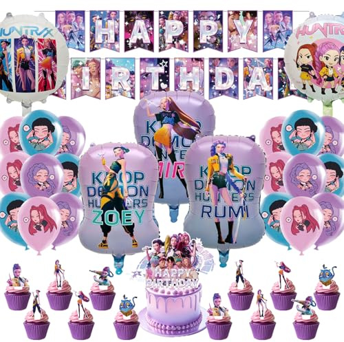 49pcs Hunt Decoración Cumpleaños Set, Decoraciones de Fiesta Anime con Banner de Cumpleaños, Cake Topper y Globos de Látex, Accesorios Decoración Cumpleaños para Niños y Fans de Anime