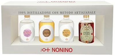 Nonino Set Degustazione Glamour con Grappa Monovitigno® Merlot, Chardonnay in Barriques 12 mesi, Moscato e Amaro Quintessentia®, Made in Italy, 4 bottiglie in vetro da 100 ml