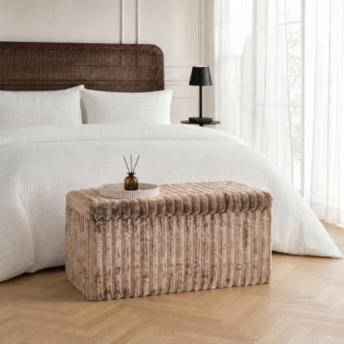 OHS Ottoman Storage Box Ribbed Folding Bed Bench Blanket Box with Lid, Mink