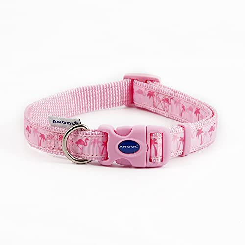 Ancol Fashion Dog Collar - Pink Flamingo Adjustable Collar for Dogs and Puppies - Hardwearing Nylon Base with Snap Buckle Fastening - Size 45-70cm for All Weather Use