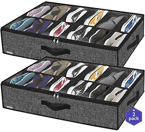 Onlyeasy Sturdy Under Bed Shoe Storage Organizer, Set of 2, Fits Total 24 Pairs, Underbed Shoes Closet Storage Solution with Clear Window, Breathable, 29.3x23.6x5.9, Linen-like Black, MXAUBSB2P