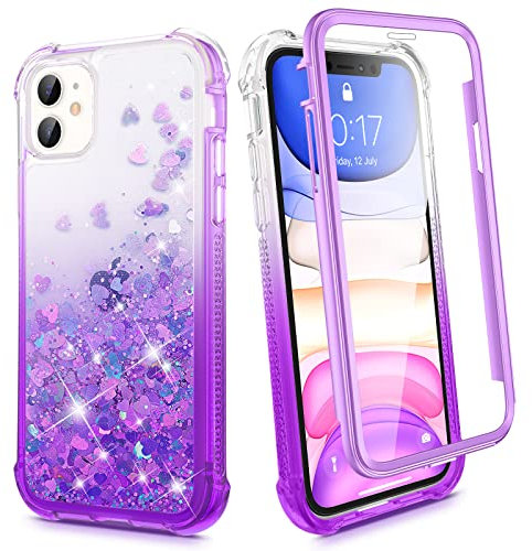 Ruky for iPhone 11 Glitter Case with Built-in Screen Protector, Full Body Rugged Liquid Shockproof Protective Phone Cover (Gradient Purple)