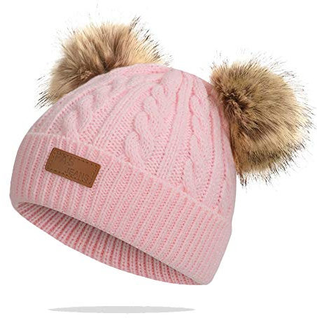 Martin Kench Kinder Winter-Mütze Strickmütze Fellbommel Bommel Strick Mütze Bommelmütze mit 2 Bommeln Mütze für Baby Mädchen Jungen(Pink)