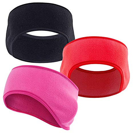 JEEZAO 3pcs Unisex Fleece Headband,Ear Warmer,Windproof Cold-Proof and High Stretchy for Workout Running Cycling (Black + Rose red + Red)