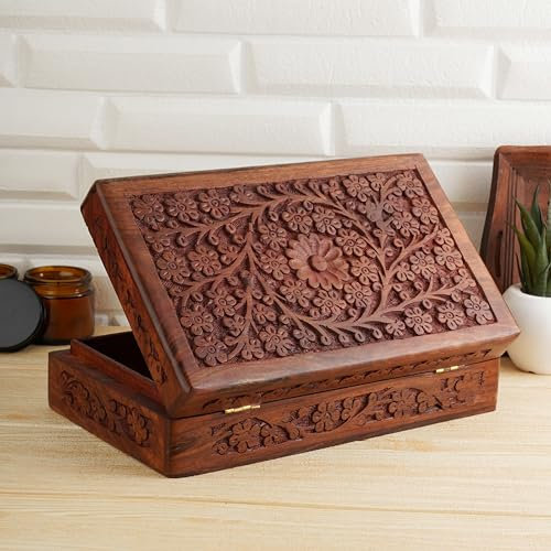Ajuny Scatola Portaoggetti Decorativa Intagliata a mano in Legno con Motivo Floreale Multiuso Organizer per Ricordi Collane Orologi Ideale per Regali 8x5 pollici
