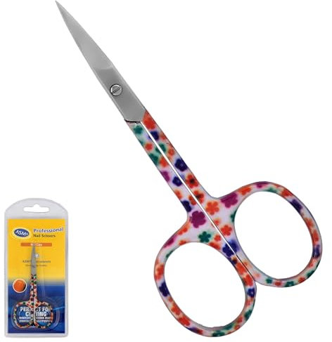 ASM Premium Nail Scissors Curved Manicure Cuticle Scissors - Heavy Duty Cuticle Trimmer for Eyebrow, Beard & Nose Hair Trimming 3.75 - Ideal Christmas Gifts for Women & Men (Red Daisy)