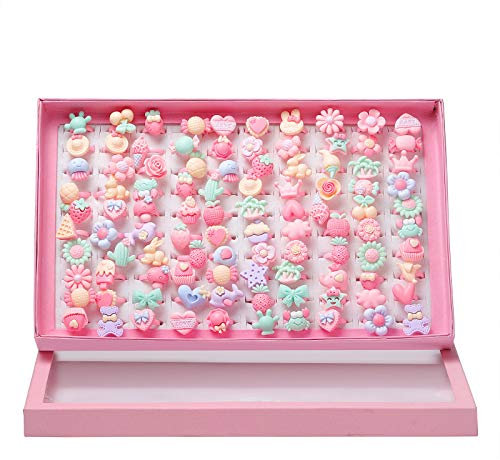Wodasi 100 Pièces Bagues pour Enfants, Bagues Filles, Ensemble de Bagues Petites Filles avec Boîte Rose, Bague Fille Bagues Enfants Fille, Bagues Enfants Fille Réglables Bague, Style Aléatoire
