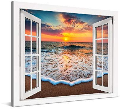 PICANOVA – Stampa su Tela Tramonto sul Mare Finestra 100x75cm – Quadro su Tela Moderno Incorniciato con Spessore di 2cm – Foto Decorazione da Parete Come Dipinto – Collezione Spiagge