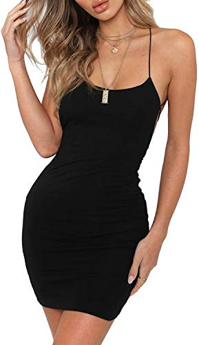 JFAN Robe De Dames Ete Bretelle Dos Nu VêTements Mini Jupe Clubwear Stretch Dress Noir S