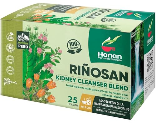 Peruvian Naturals Riñosan Kidney Cleanser Blend - Herbal Tea of Chanca Piedra, Cat's Claw, Horse Tail & Huamanpinta - 25 Teabags for Kidney Cleanse, Stones, Gallbladder