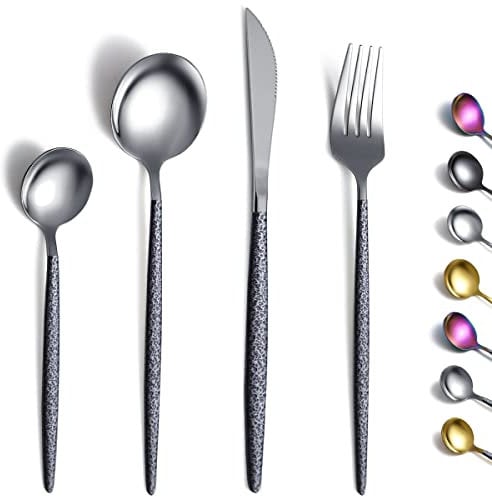 Kyraton Cutlery Set 24 Pieces with Moon Surface Black Handle and Shiny Mouth,Stainless Steel Modern Cutlery Set Utensils Set,Dishwasher Safe, Tableware Set Service for 6 People.