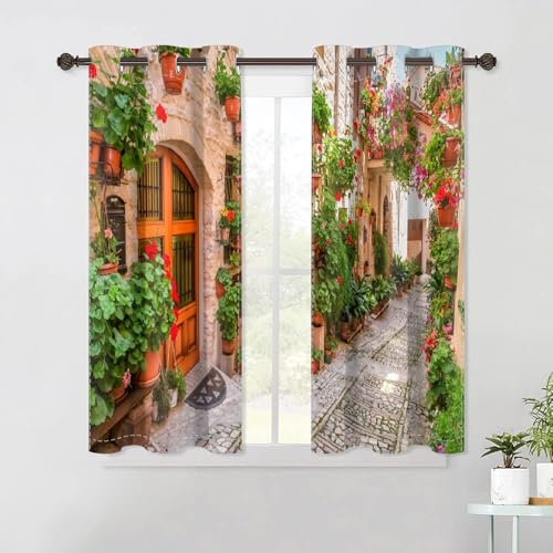 DORCEV Italienische Toskana-Vorhänge mit Straßenszene, Frühling, alte Straße, voller Blumen, Verdunkelungsvorhänge, Straßendekor, Blumen, grüne Pflanze für Wohnzimmer, Schlafzimmer, Küchendekoration,