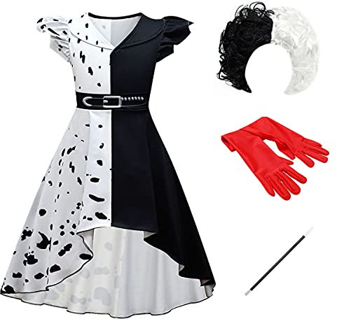 FYMNSI Costume Cruella Deville pour fille - Robe à pois noir et blanc - Perruque + gants + barre - Ensemble pour Halloween, Ensemble de robe blanche Vokuhila, 7-8 ans