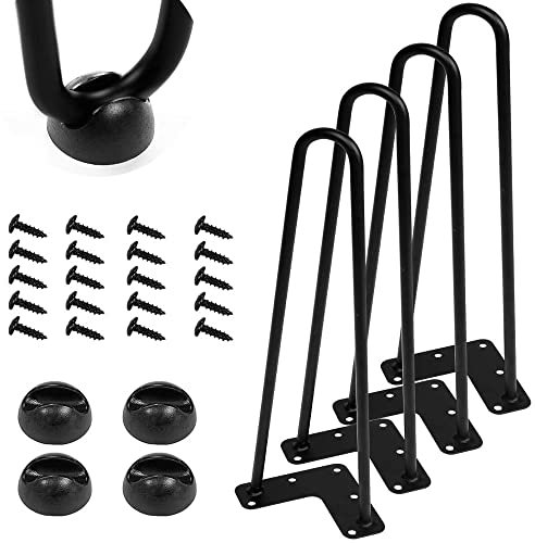 4Pcs Pieds de Table Industriel 25cm, Pied Metal Noir pour Meuble TV, Tiroirs, Table de Chevet, Pied Epingle à Cheveux Jambes de Bricolage avec Vis et Protecteurs de Sol