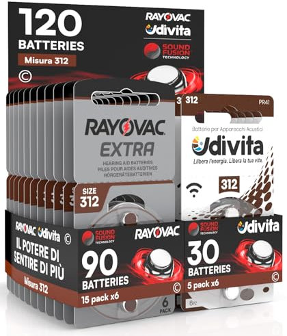 120 Piles pour appareils acoustiques Rayovac Extra Advanced 312 120 Piles : 90 Rayovac + 30 Udivita