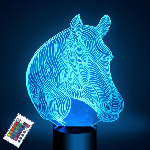 PONLCY 3D Illusion Lampe Pferd Led Nachtlicht, 16 Farben Fernbedienung USB Schreibtischlampen, Schlafzimmer Dekoration Tischlampe für Kinder Weihnachten Geburtstag Geschenke