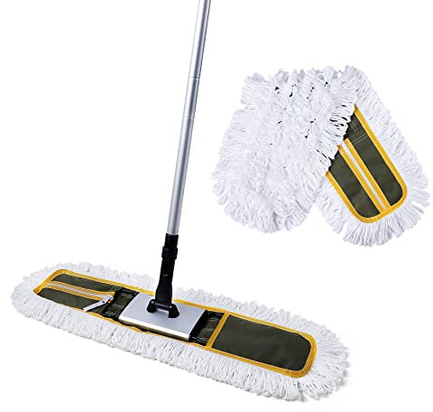 CLEANHOME 24 Commercial Dust Mop for Floor Cleaning, Heavy Duty Floor Mop with 2 Microfiber Mop Pads Wet and Dry Flat Mop, Commercial Cleaning Tools for Marble, Laminate, Hardwood Floor Sweeping,Grey