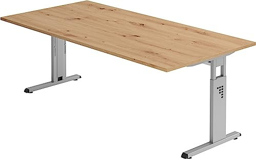 Bümö höhenverstellbarer Schreibtisch O-Serie 200x100 cm in Asteiche, Gestell in Silber - großer PC Tisch für's Büro manuell höhenverstellbar, Computertisch verstellbar