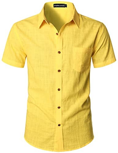 PARKLEES Men's Fitted Cotton Linen Casual Short Sleeve Button Up Shirts Lightweight Beach Tops with Pocket EU-PZLSC34-Brignt Yellow XX-Large