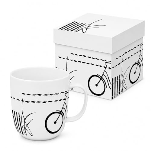 ReWu Fahrrad Porzellanbecher 400 ml mit Geschenkverpackung, weiße Tasse mit Schwarz-Weiß-Motiv, Kaffeebecher & Teebecher, spülmaschinenfest, mikrowellengeeignet, für Zuhause & Büro