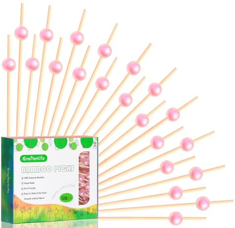 Crafterlife 120pcs Pink Pearl Cocktail Picks Fancy Long Toothpick Stick Skewers, 4.7 Inch, Disposable, Made of Natural Bamboo, for Appetizer Charcuterie Fruit Drinks Sandwich Dessert Food Garnishing