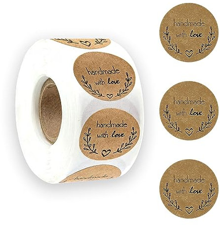 500pz Fatto a Mano Etichette,Kraft Autoadesivo Handmade Personalizzati Rotondi Sticker per la Cottura di Sacchetti Regalo di Nozze del Ringraziamento (Nero)
