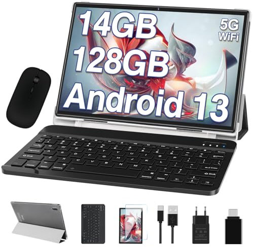 2025 Newest Android 13 Tablet 10 Pulgadas 14GB RAM + 128GB ROM (1TB TF), 8000mAh, Octa-Core 2.0Ghz, GPS, 5G + 2.4G WiFi, Bluetooth 5.0 | 5+8MP | Type C | Tablet PC con Funda, Teclado e Ratón - Gris