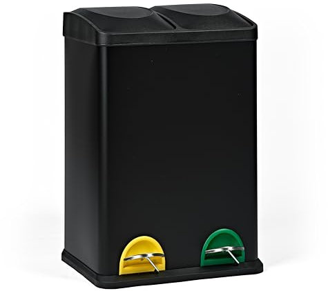 EVRE 40 L Recycling Pedal Bin 2 x 20 Litre Rectangular Double Compartment Rubbish Separation with Removable Buckets, Odour Seal & Anti-Marking Finish (Black)