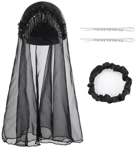 Bohend Frauen Blume Turban Hut Strass Perlen Headwrap Beanie Pre Tied Plissee Kopftuch Haube Quaste Schleier Kopfbedeckung Mütze (Polyester, Dark)