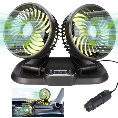 Nircho Car Fan 12V Auto Car Cooling Fan Dual-Head 360 Degree Rotation Portable Electric Vehicle Fans 2 Speed Adjustable Plugs into Cigarette Lighter, Powerful Silent Fans for Truck SUV RV