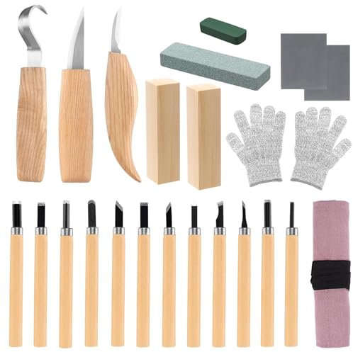 Galerie SV 24 Piezas Kit Tallar Madera Juego de Herramientas Para Tallar Madera Use Guantes Resistentes A Cortes Herramientas De Tallado Para Principiantes Y Talladores Profesionales