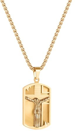 OIDEA Kreuz Halskette Dogtag Jesus: Herren Kruzifix Christus Anhänger Herren Kette mit Dog Tag aus Edelstahl venezianischer Kette Halsschmuck Religiöses Unisex Geschenk für Männer
