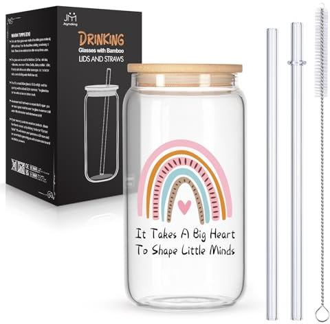 Joymaking Bamboo Lid Drinking Glasses with Glass Straws - 16oz Iced Coffee Tea Glasses for Teacher Gifts & Graduation