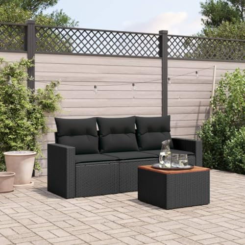 QJBSAVVA 4-TLG. Garten-Sofagarnitur, Balkon Sofa Loungesessel Gartenmöbel Set Eckbankgruppe Geeignet für Wenig Platz Außen Garten Balkon mit Kissen Schwarz Poly Rattan