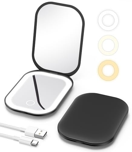 Gospire Miroir de maquillage de voyage éclairé avec lumière et grossissement, petit miroir rechargeable à grossissement x3 avec lumière réglable en trois couleurs, mini miroir LED pour sac à main