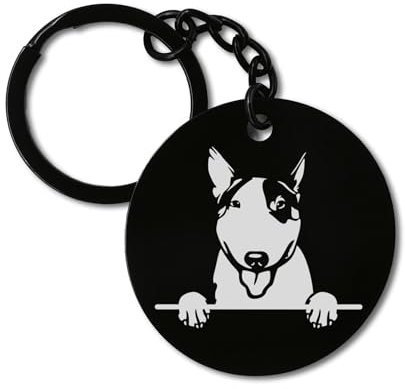 Schlüsselanhänger mit Bullterrier-Motiv, niedlicher Hund, graviert, Edelstahl, Kreis-Zeichen, Schwarz , One size