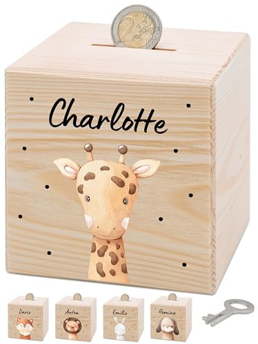 Bärenfreunde® - Personalisierte Spardose Kinder aus Holz mit Metallschloss - Spardose mit Namen mit kinderfreundlichem UV-Druck zum Sparen für Kinderträume (Giraffe)