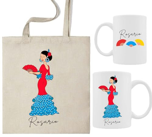 ELISA BOTELLA Pack taza flamenca+ bolsa de tela flamenca personalizados, kit regalo para flamencas, bailaoras personalizado, bolsa de tela con taza personalizada, (Pack flamenca personalizada)