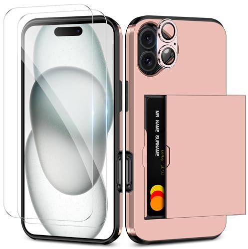 Coolden for iPhone 16 Plus Case with Card Holder & 2 Screen Protector + 1 Camera Lens Protector Full Body Heavy Duty Protective Case Shockproof Wallet Case for iPhone 16 Plus Phone Case-Rose Gold