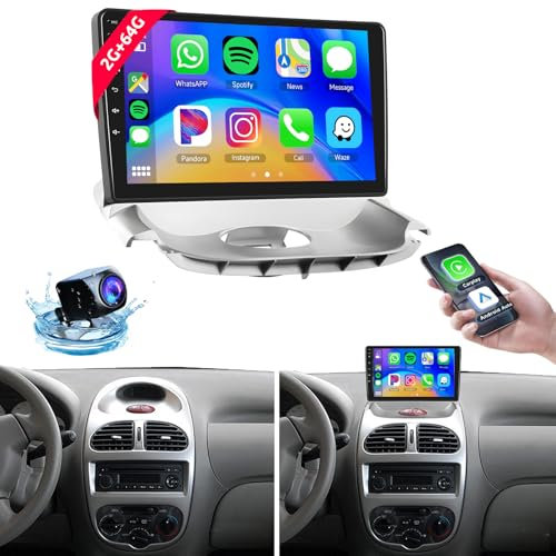 【2+64G】 Hodozzy Carplay Android Auto Radio Coche para Peugeot 206 2004-2008/Citroen C2 2006-2013,9 Pulgada Touchscreen Autorradio Bluetooth con/Mirror Link WiFi/GPS/RDS/FM/USB