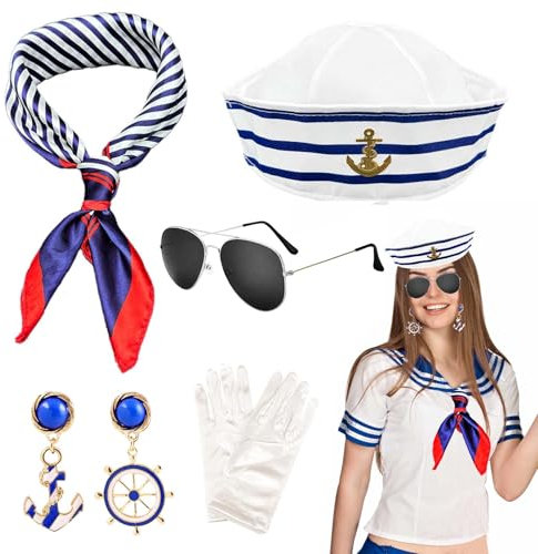 NebulaGlam 5 Stück Frauen Matrosen Kostüm Set, Matrosenmütze Sonnenbrille Quadratisches Set Ohrringe Handschuhe, Marine Outfit, Kapitänsmütze Seemann Kapitän für Damen Yacht Party Cosplay Karneval
