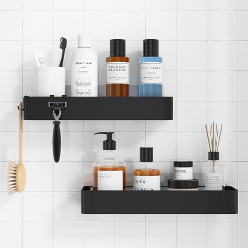 Kitsure 2 Pack Rustproof Shower Caddy - 2 Shelves, Drill-Free & Quick-Dry Shower Organizer, Rustproof Bathroom Shelves with 4 Hooks, X-Large, Black