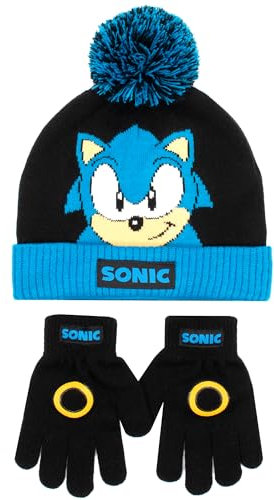 SONIC THE HEDGEHOG Wintermütze und Handschuhe Set für Jungen – warme und bequeme Beanie-Mütze und Handschuhe – perfekt für Kinder im Alter von 6–12 Jahren, Schwarz , Einheitsgröße