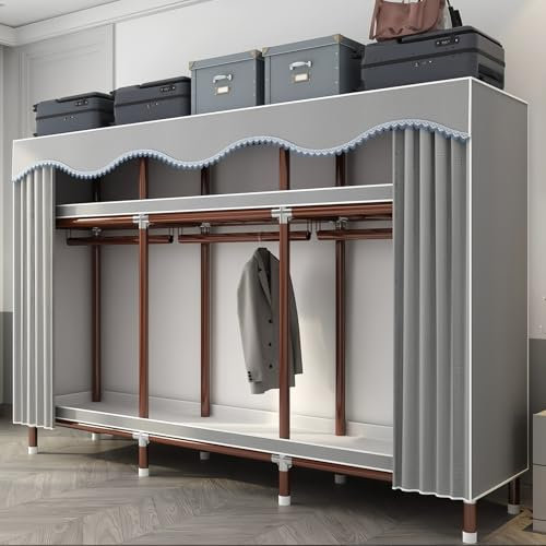 EZZPGDKU Kleiderschrank, Faltschrank Stoffschrank Stabil mit Dicker Satinstoff, 200x46x170 cm Schlafzimmerschrank mit Kleiderstange, Mobiler Kleiderschrank, Kleiderständer aus Metall, Freistehender