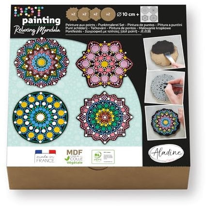 Aladine Mandalas-Set mit Punktmalerei – Set mit 4 Schablonen Mandalas & Tools Dot Painting – 85496