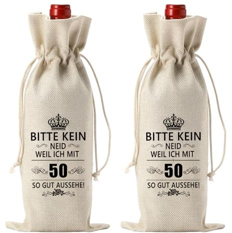 2 Stück 50 Geburtstag Weinflasche Tasche, Geschenk 50 Geburtstag Mann und Frauen, Wein Geschenkbeutel Jute Weinbeutel Geschenktüten Flaschen, Geburtstagsgeschenk für Frau, Ehefrauen, Männer, Freunde